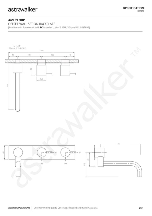 Astra Walker Icon Offset Wall Set with 200mm Underslung Swivel Spout on Backplate - a69.29.obp