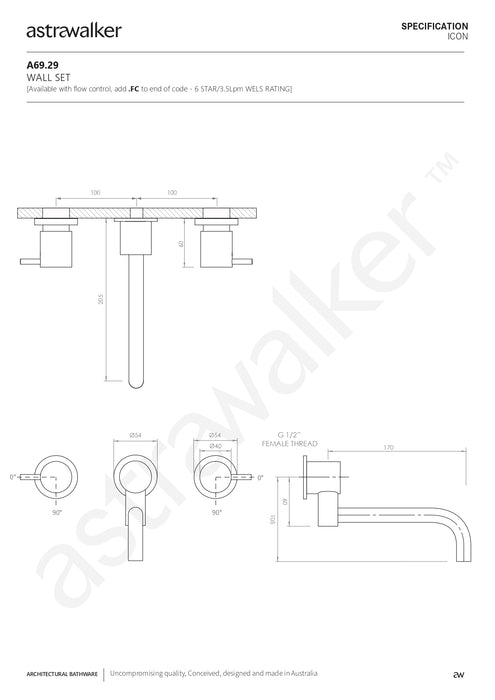 Astra Walker Icon Wall Set with 200mm Underslung Swivel Spout - a69.29