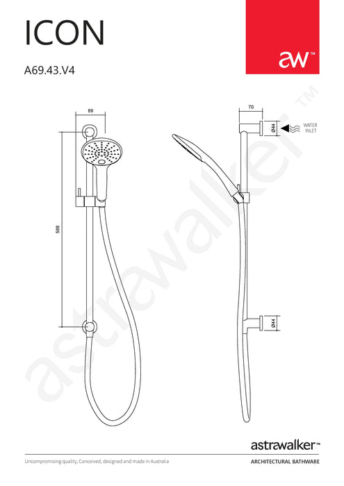 Astra Walker Icon Multi-Function Hand Shower on Integrated Slider Bar - a69.43.v4