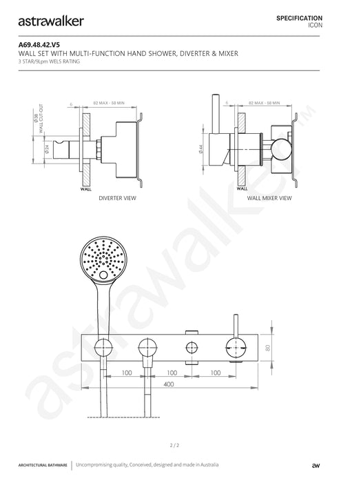 Astra Walker Icon Multi-Function Hand Shower & Mixer with Diverter on Backplate - a69.48.42.v5