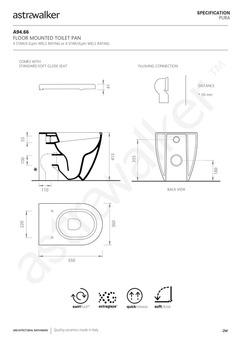 Astra Walker Pura Floor mounted Swirlflush Toilet Pan with Soft-Close Seat A94.66