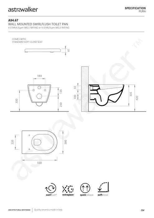 Astra Walker Pura Wall Mounted Swirlflush Toilet Pan with Soft-Close Seat A94.67