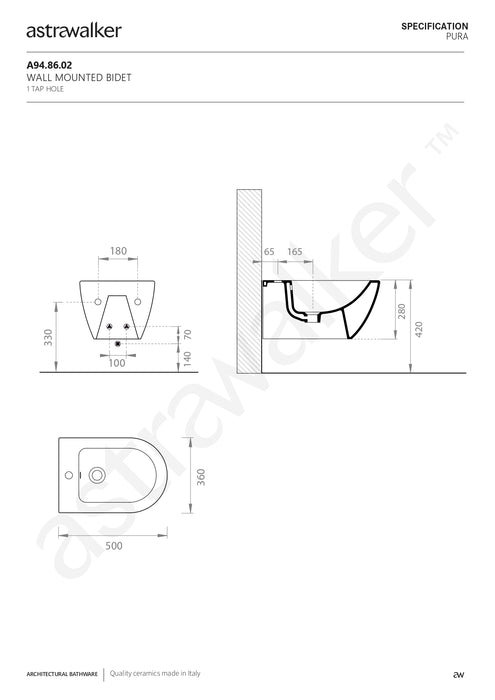 Astra Walker Pura Wall Mounted Bidet 1TH A94.86.02