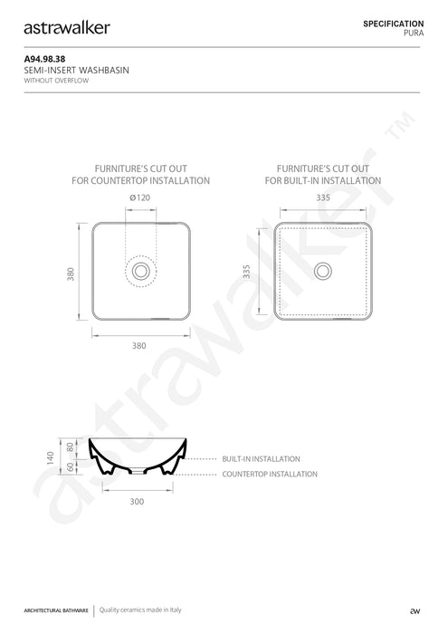 Astra Walker Pura Countertop or built-in Washbasin A94.98.38