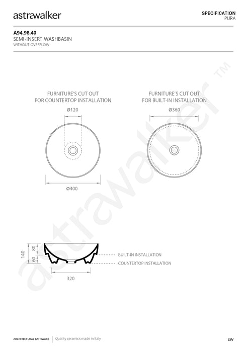 Astra Walker Pura Countertop or built-in Washbasin A94.98.40