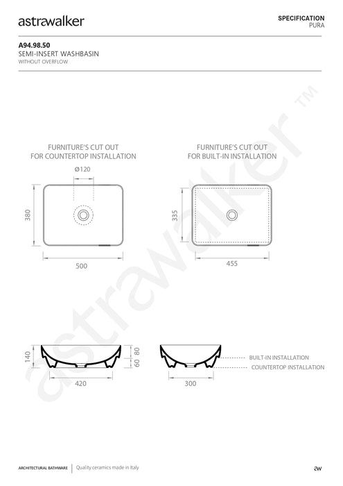 Astra Walker Pura Countertop or built-in Washbasin A94.98.50