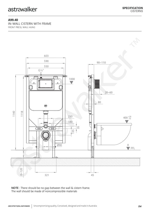 Astra Walker In-Wall Cistern with Frame to suit wall hung Toilet Pan, suitable for front press Flush Plate Installation A99.40