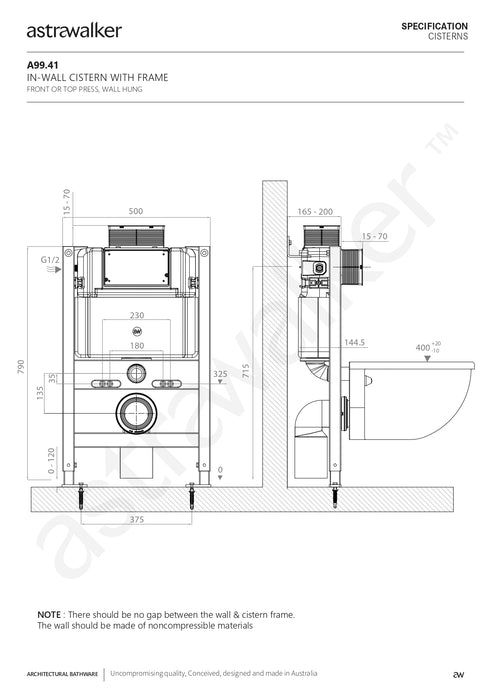 Astra Walker In-Wall Cistern with Frame to suit wall hung Toilet Pan, suitable for front or top press Flush Plate Installation A99.41