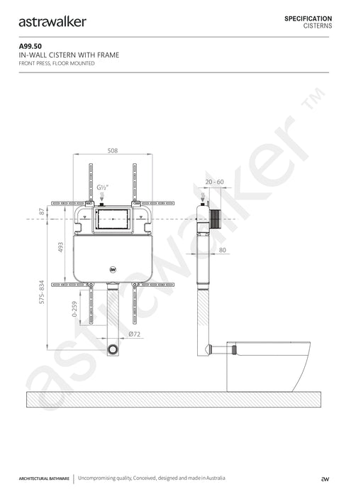 Astra Walker In-Wall Cistern to suit wall faced Toilet Pan, suitable for front press Flush Plate Installation A99.50