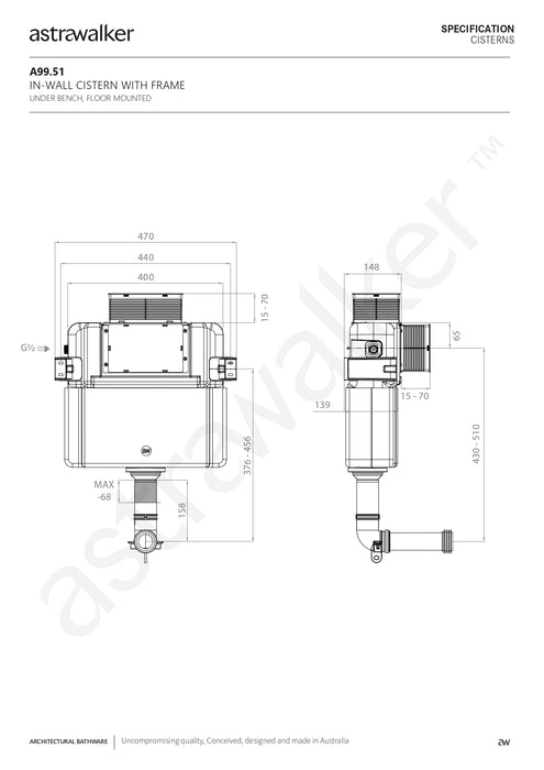 Astra Walker In-Wall Cistern to suit wall faced Toilet Pan, suitable for front press Flush Plate Installation  A99.51