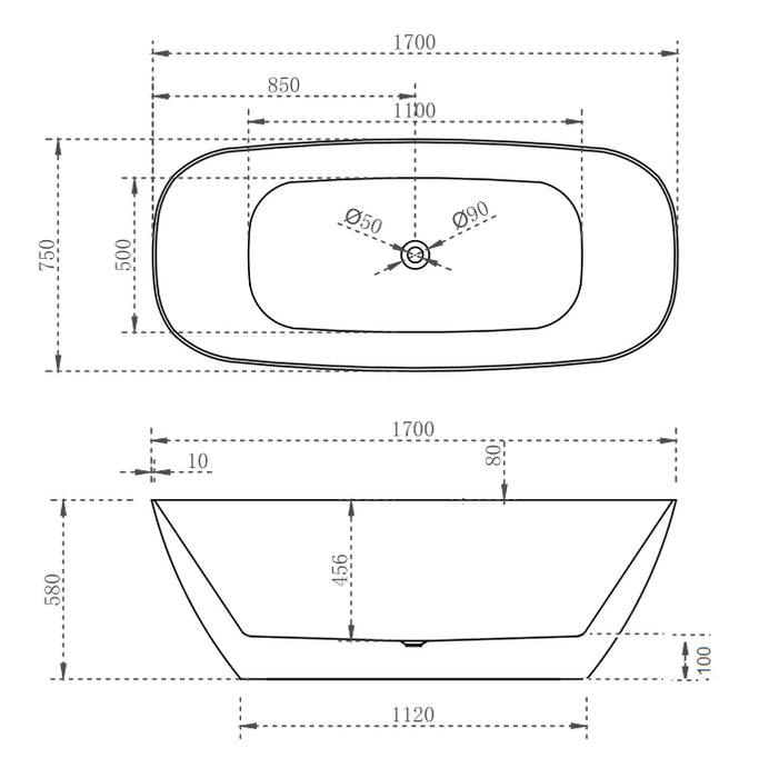 Cassa Design Rec Slimline 1700mm Bathtub in Matte White