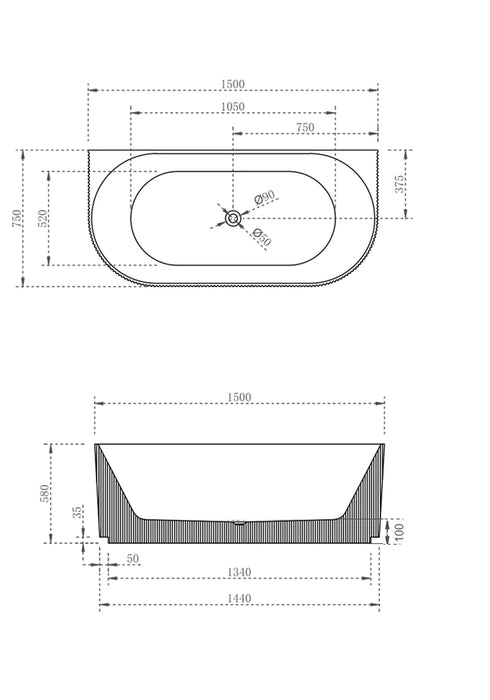 Cassa Design V-Groove Round Back To Wall 1500mm Bath in Matte White