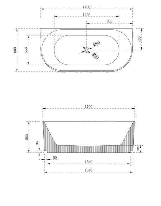 Cassa Design V-Groove Round Back To Wall 1700mm Bath in Matte White