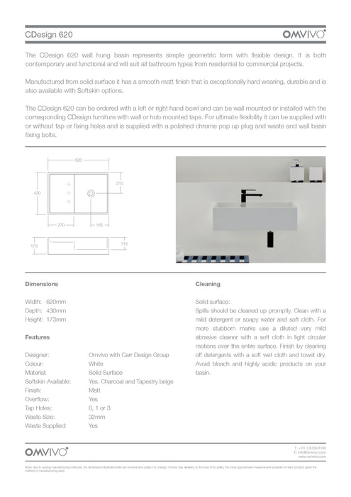 Omvivo CDesign 620 Solid Surface Wall Hung Basin 1TH 620mm