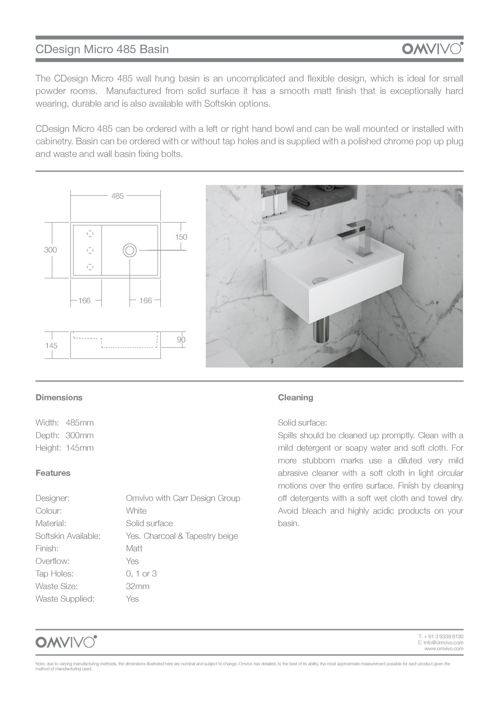 Omvivo CDesign Micro 485 Solid Surface Wall Hung Basin 1TH 485mm — The ...