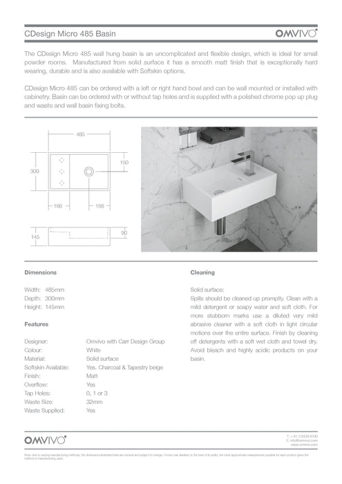 Omvivo CDesign Micro 485 Solid Surface Wall Hung Basin 1TH 485mm