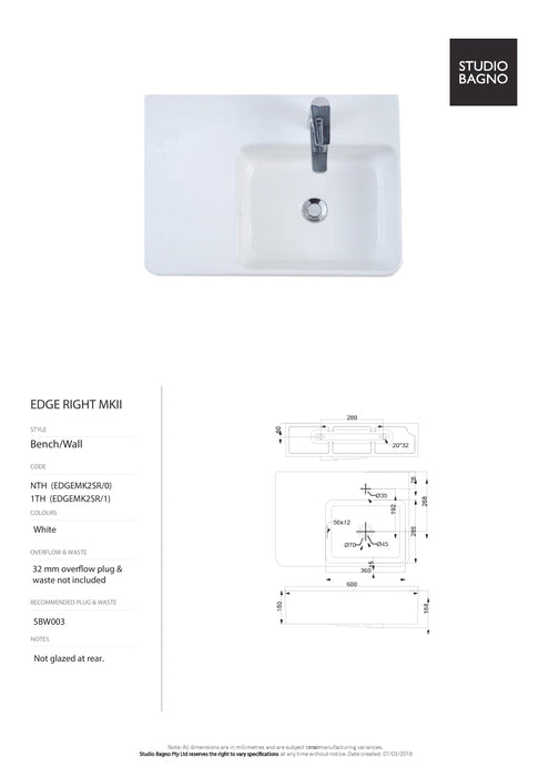 Studio Bagno Edge MK2 Square Right 600mm