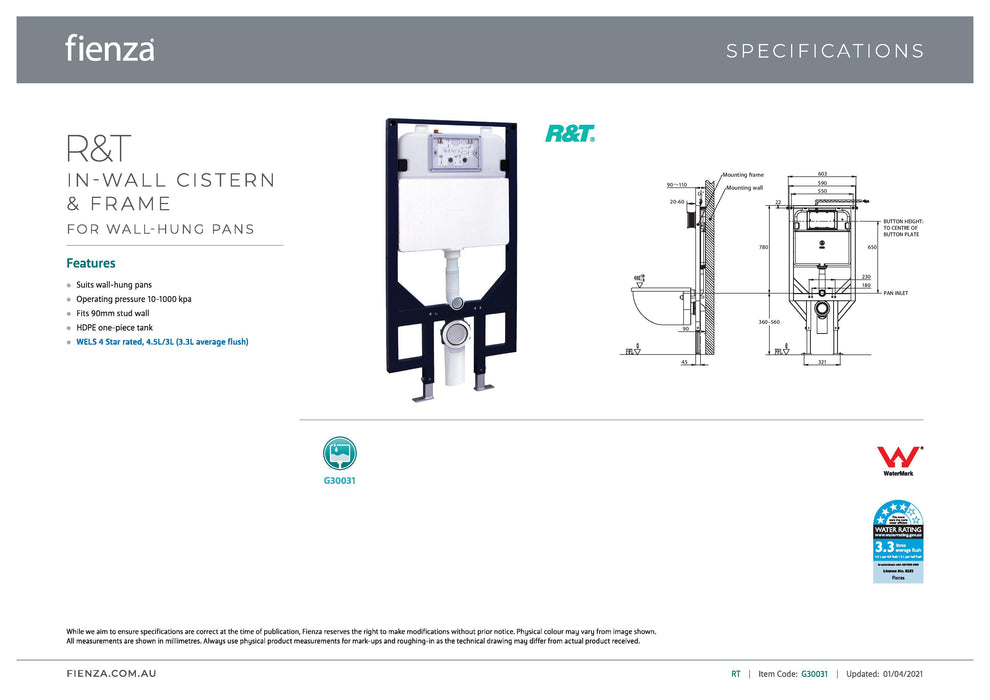 R&T Inwall Cistern For Wall Hung Pans