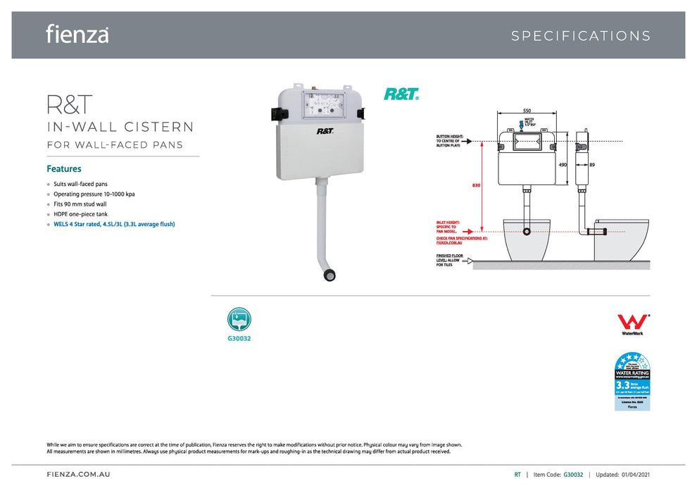 R&T Inwall Cistern For Floor Mounted Pans