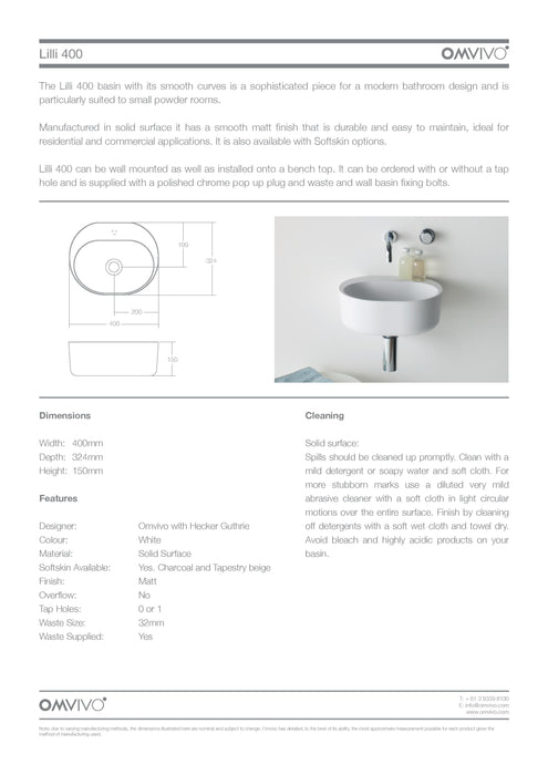 Omvivo Lilli 400 Wall Hung Solid Surface Basin 0TH 400mm