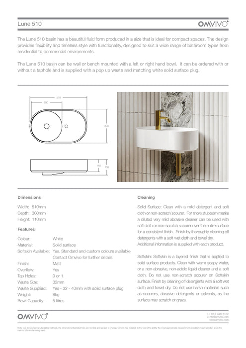 Omvivo Lune 510 Solid Surface Basin 1TH 510mm