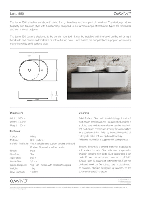 Omvivo Lune 550 Solid Surface Basin 1TH 550mm