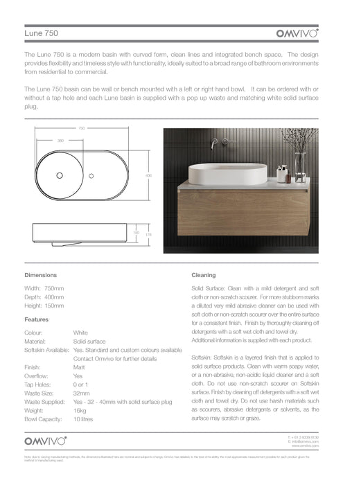Omvivo Lune 750 Solid Surface Basin 1TH 750mm