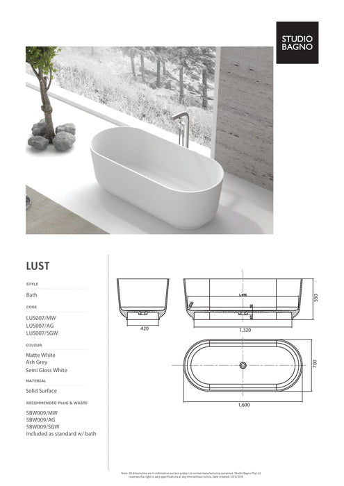 Studio Bagno Lust Free Standing Bath 1600mm