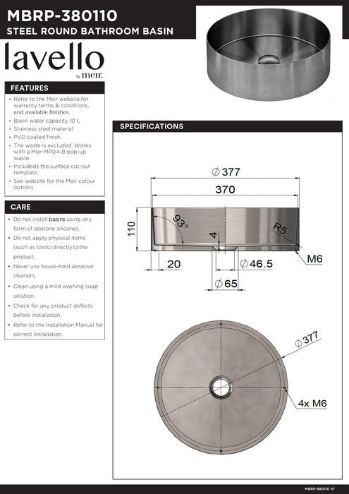 Meir Lavello Round Steel Bathroom Basin 380 X 110