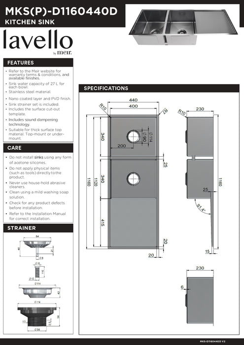 Meir Lavello Kitchen Sink - Single Bowl & Drainboard 840 X 440