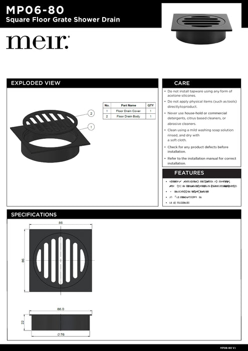 Meir Square Floor Grate Shower Drain 80mm Outlet