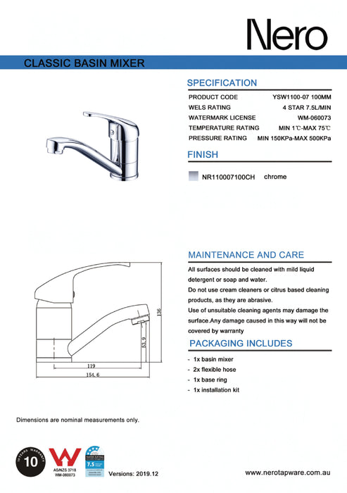 Nero Classic Swivel Basin Mixer (100mm Spout)