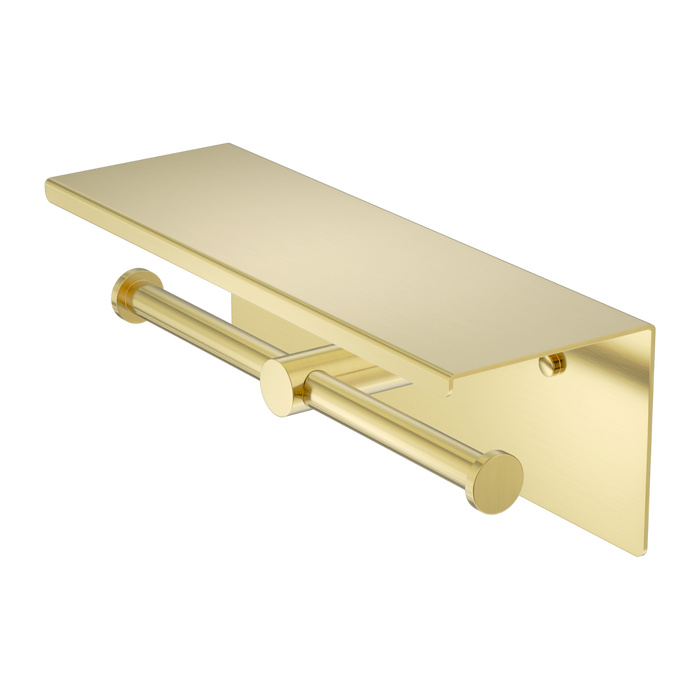 Nero Mecca Double Toilet Roll Holder With Shelf - Brushed Gold