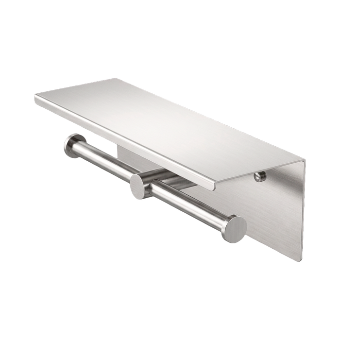 Nero Mecca Double Toilet Roll Holder With Shelf - Brushed Nickel