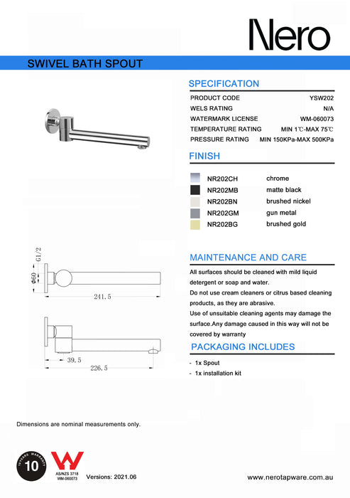 Nero Dolce Wall Mounted Swivel Bath Spout Only