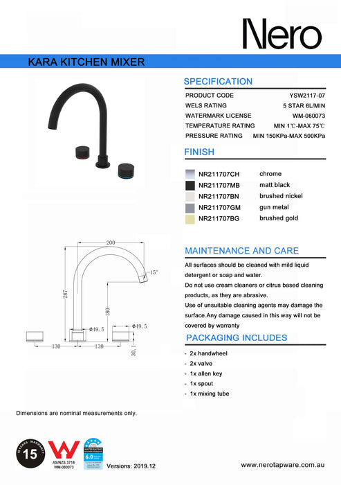 Nero Kara Wall Basin Set 180mm Spout