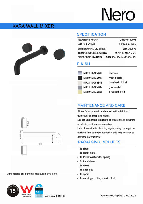 Nero Kara Wall Basin Set 217mm Spout