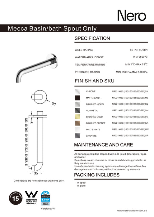 Nero Mecca Basin/Bath Spout Only 160mm