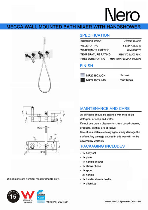 Nero Mecca Wall Mount Bath Mixer With Hand Shower