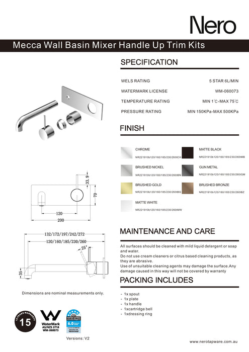 Nero Mecca Wall Basin/Bath Mixer Handle Up 260mm Trim Kits Only