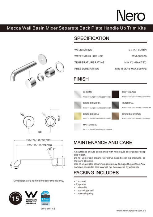 Nero Mecca Wall Basin/Bath Mixer Separate Back Plate Handle Up 260mm Trim Kits Only