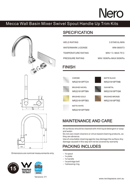 Nero Mecca Wall Basin/Bath Mixer Swivel Spout Handle Up Trim Kits Only