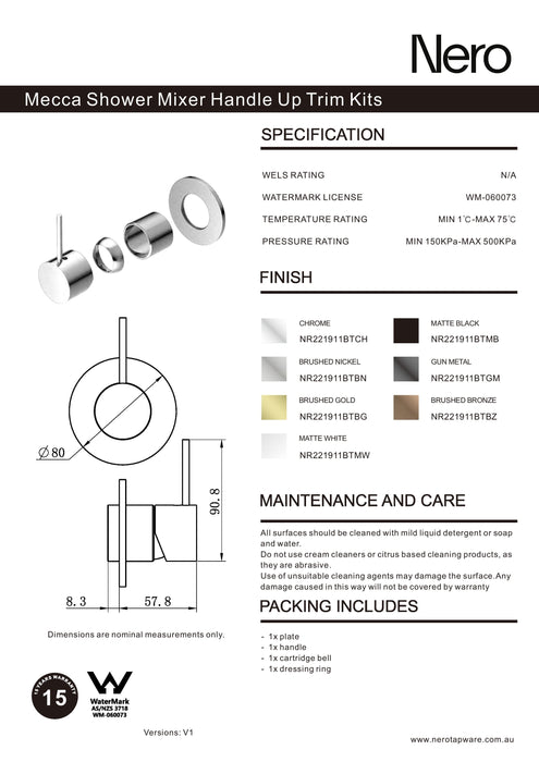 Nero Mecca Shower Mixer Handle Up 80mm Plate Trim Kits Only