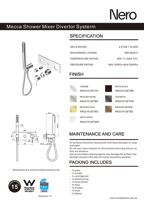 Nero Mecca Shower Mixer Divertor System Trim Kits Only