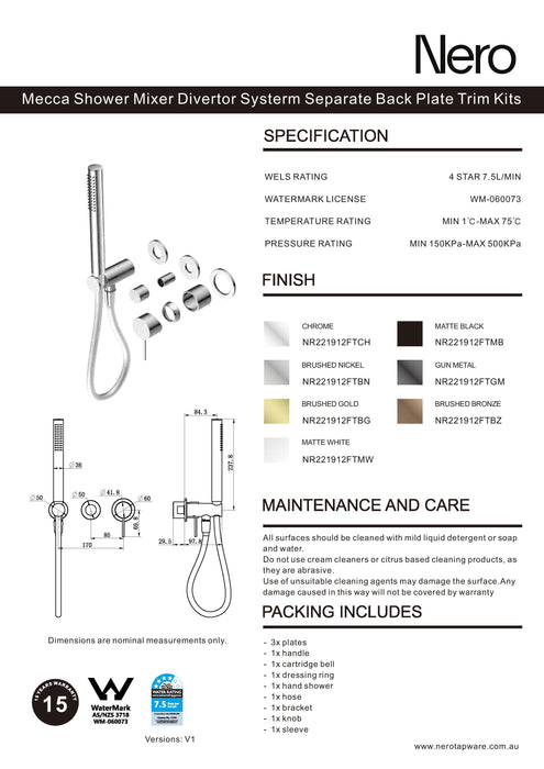 Nero Mecca Shower Mixer Divertor System Separate Back Plate Trim Kits Only