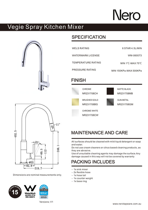 Nero Pearl Pull Out Sink Mixer With Vegie Spray Function