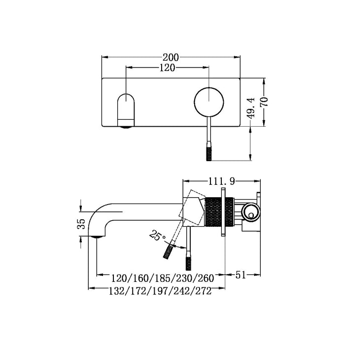 Nero Opal Wall Basin/Bath Mixer 160mm