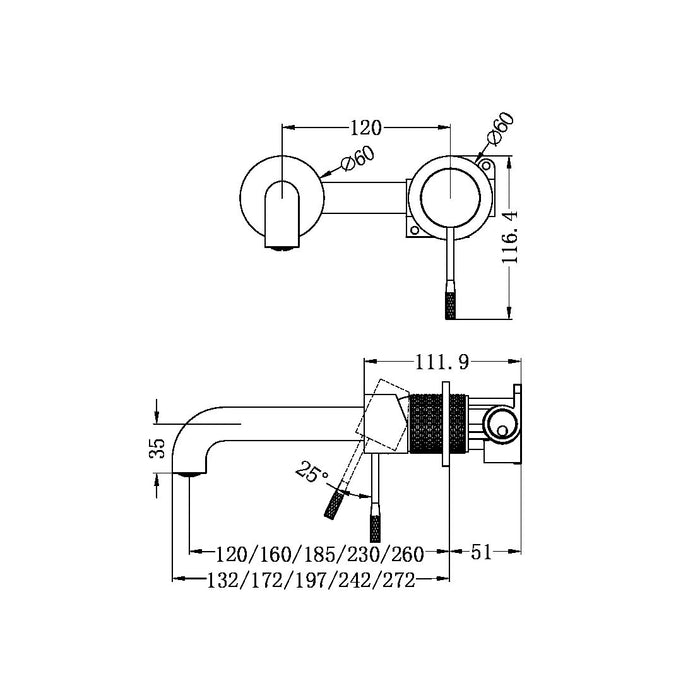 Nero Opal Wall Basin/Bath Mixer Separate Back Plate 120mm