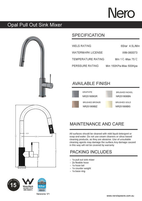 Nero Opal Pull Out Sink Mixer With Vegie Spray Function