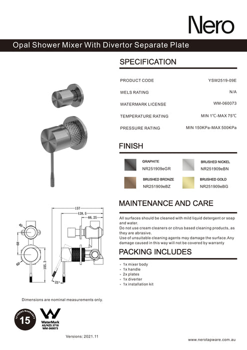 Nero Opal Shower Mixer With Divertor Separate Plate